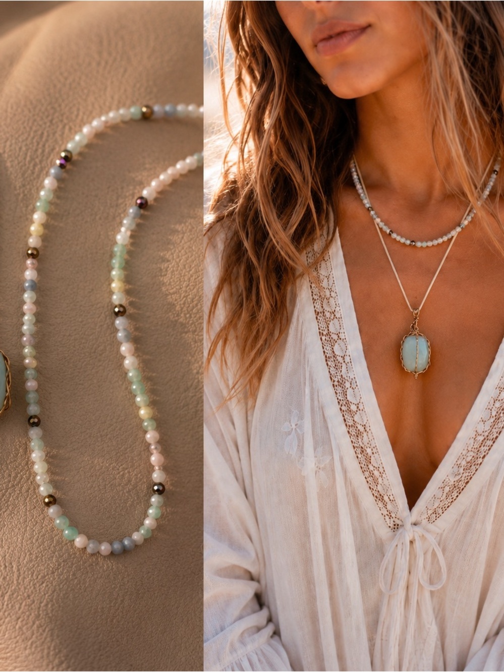 Delicate Multicolor Beaded Necklace paired with opalite wired Gemstone Strand